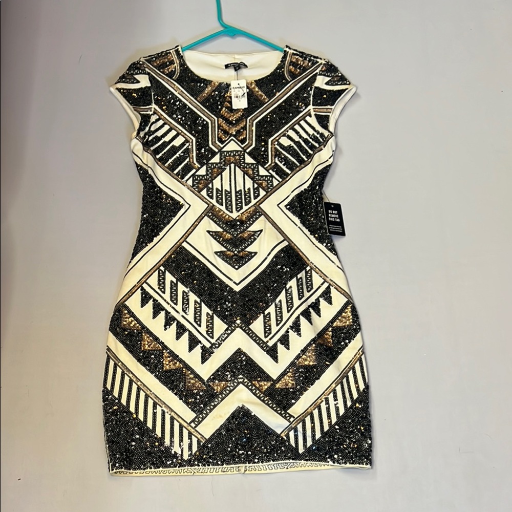 Express Black and Ivory Sequin Mini Dress. NWT
